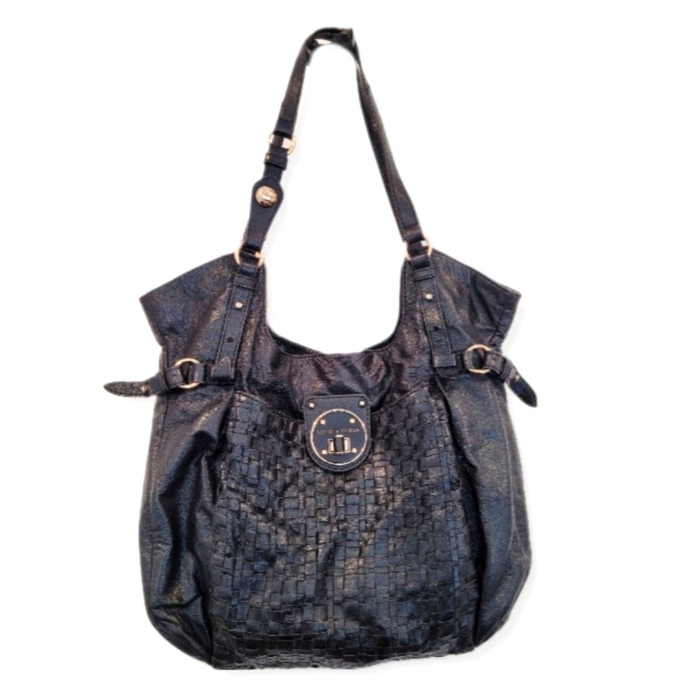 Elliott Lucca Shoulder Bag Black Leather Woven Front Large Satchel Pocke…